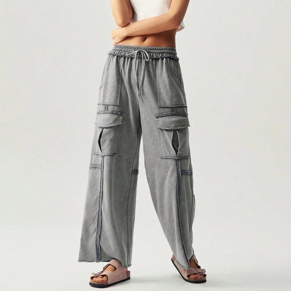 Dark Grey Casual Women's Vacation Knitted Pleated Pocket Palazzo Pants - Picture 6 of 7